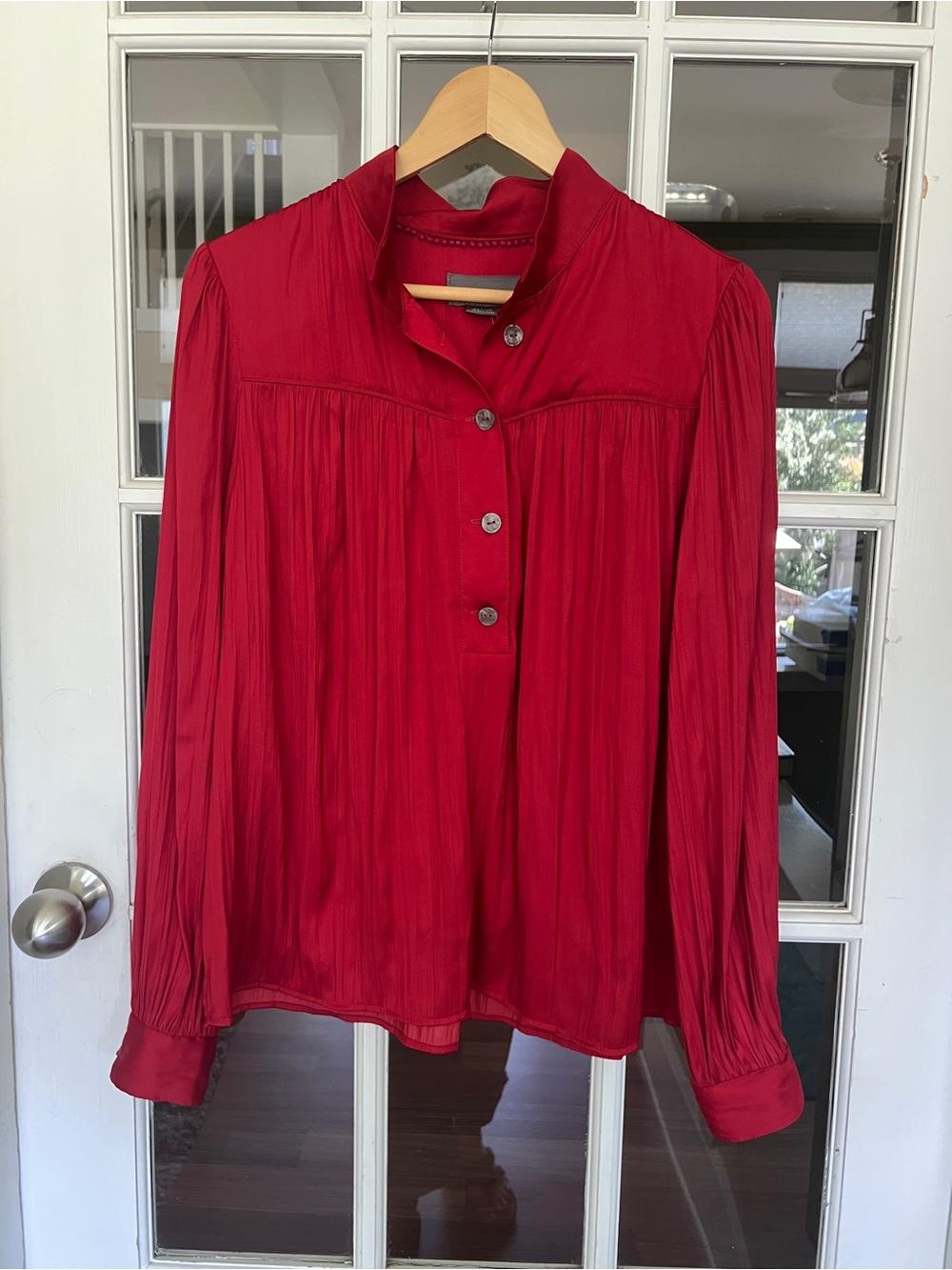 Anthropologie, Red Long-Sleeve Pleated Button Front Women's Top
